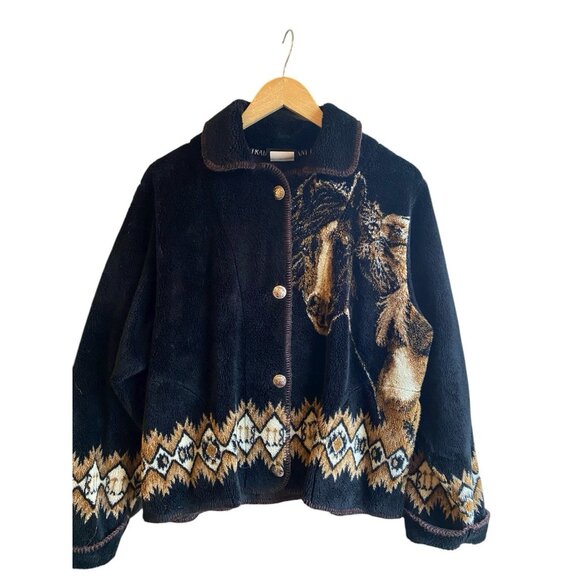 VINTAGE OUTBACK TRADING COMPANY FLEECE BUTTON UP HORSE THEME JACKET WOMENS LARGE - Picture 2 of 5
